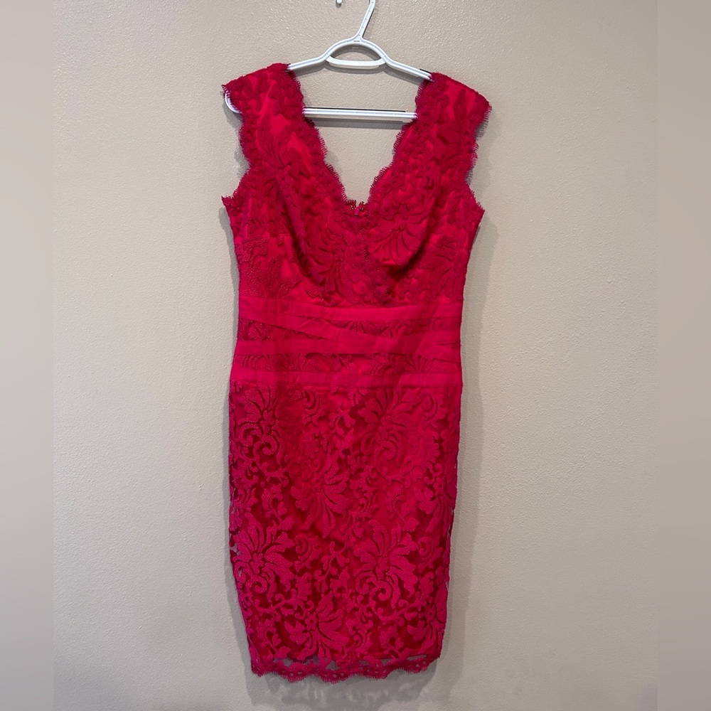 Tadashi Shoji EMBROIDERED LACE V-NECK DRESS Short Sleeve Red 3K896MX Size 12 EUC